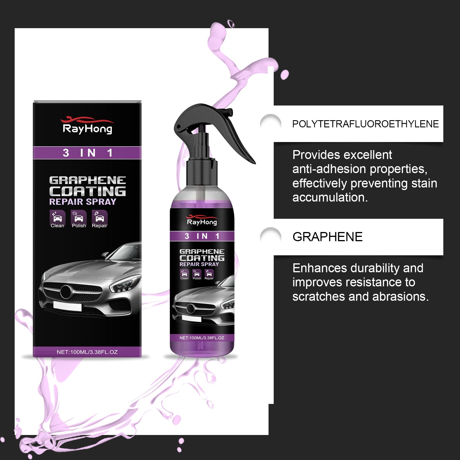 3-in-1 Car Paint Protection Spray, Nano Coating, Waterproof, Anti-Fog, Automotive Supplies ,100ml