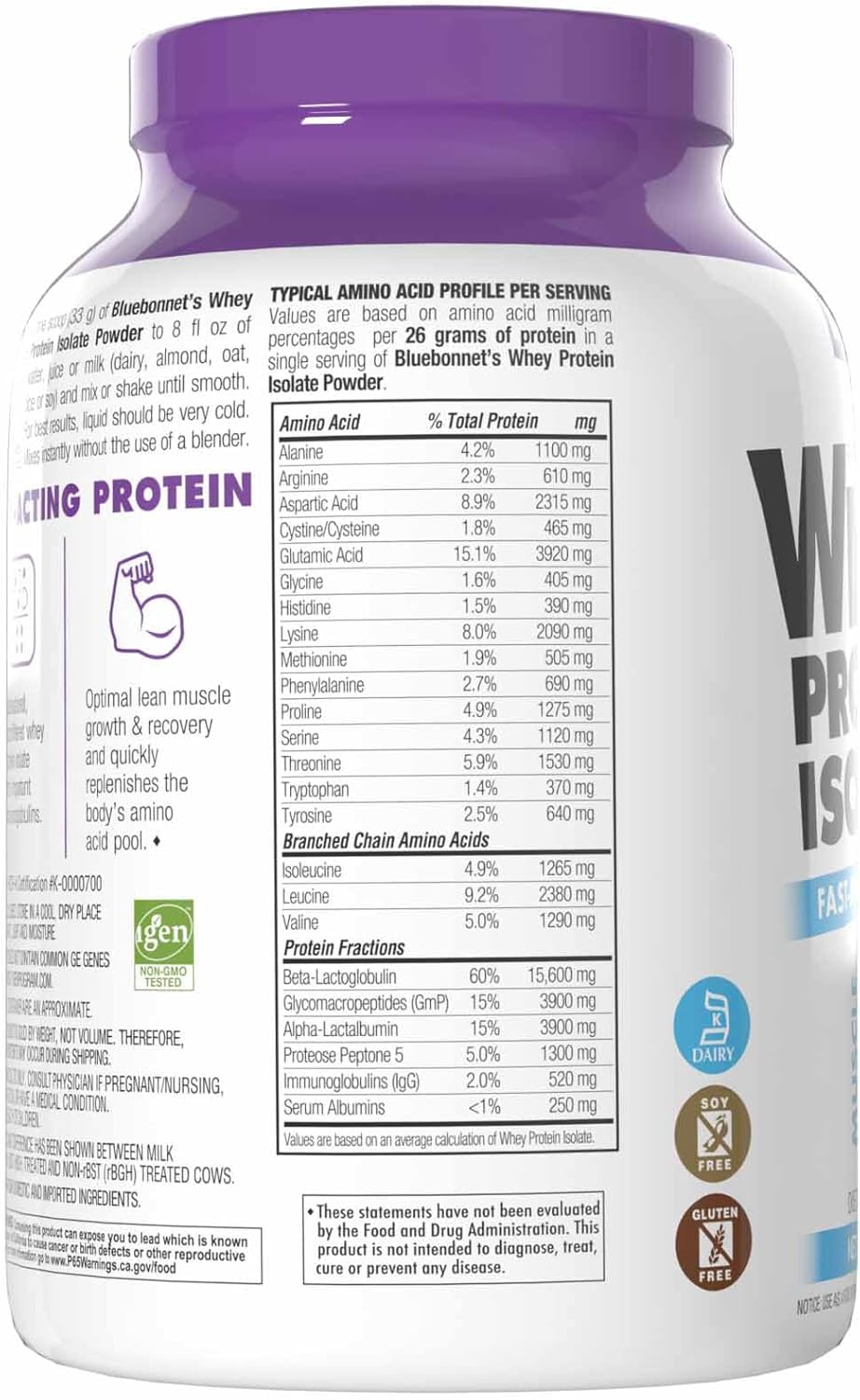 Bluebonnet Nutrition Blue Bonnet Whey Protein Isolate Dietary Supplement Powder, Orginal 2.2LB