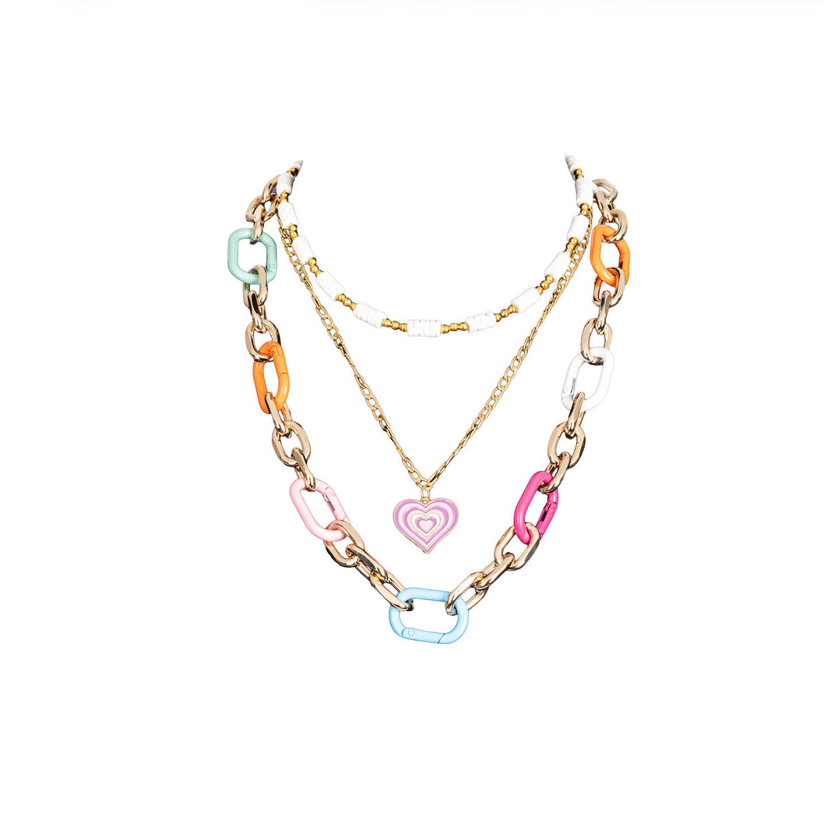 The Dark Pastel Chain Heart Necklace Layered Gold & Enamel Link Statement Necklace