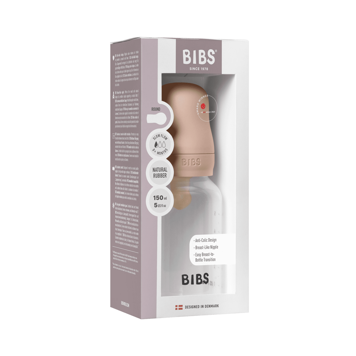 BIBS Baby Bottle with Round Latex Nipple – 150 ml Slow Flow | Blush