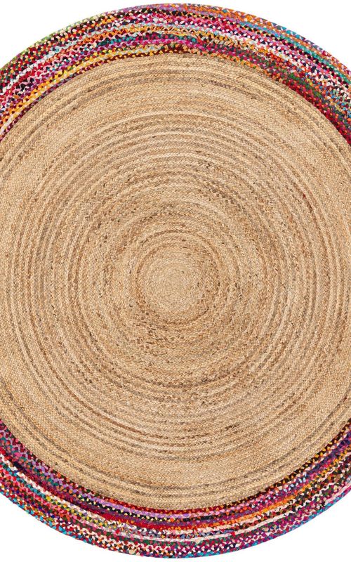 Natural Jute Round Rug with Colorful Cotton Border | Handcrafted Boho Area Rug