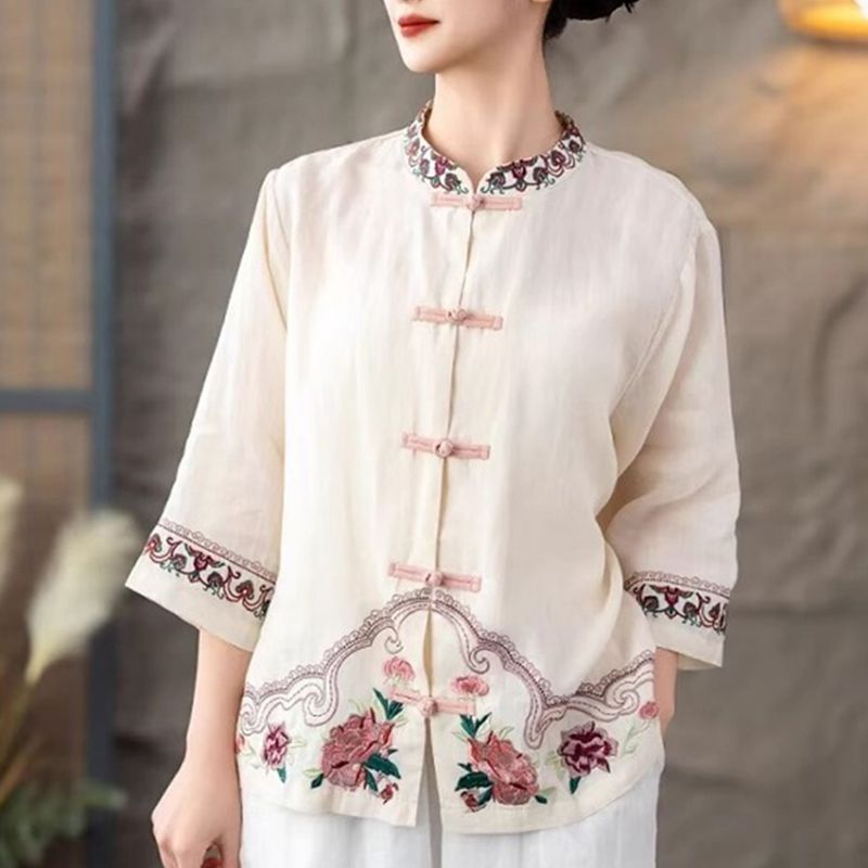 Chinese Style Cotton Linen Stand Collar Frog Button Long Sleeve Top