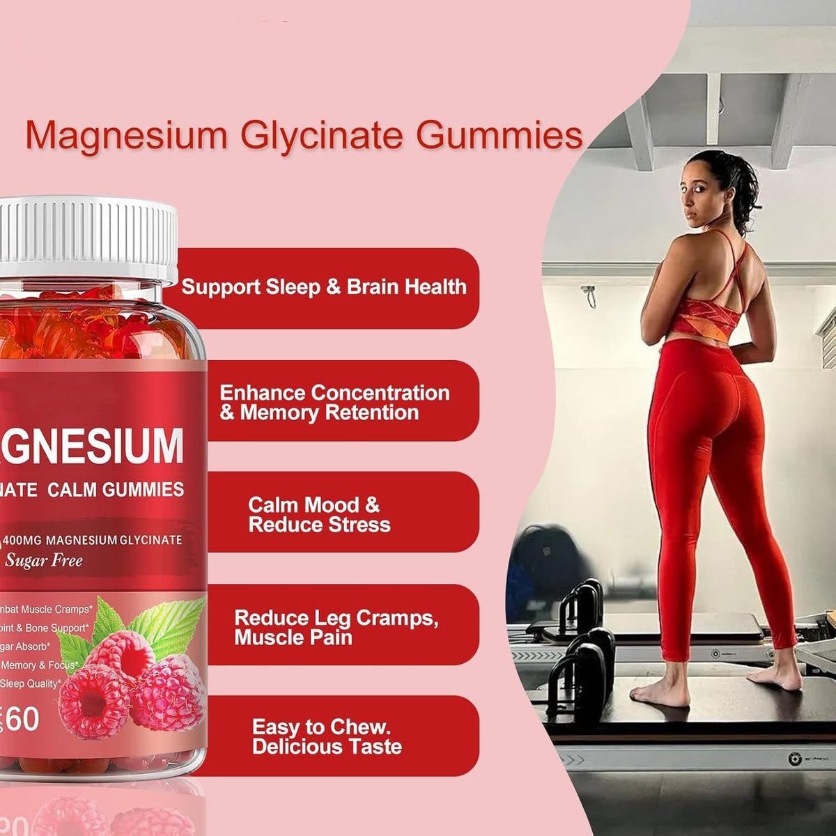 Sugar Free Magnesium Glycinate Calm Gummies, Raspberry Flavor Daily Mineral Dietary Supplement 60 Count