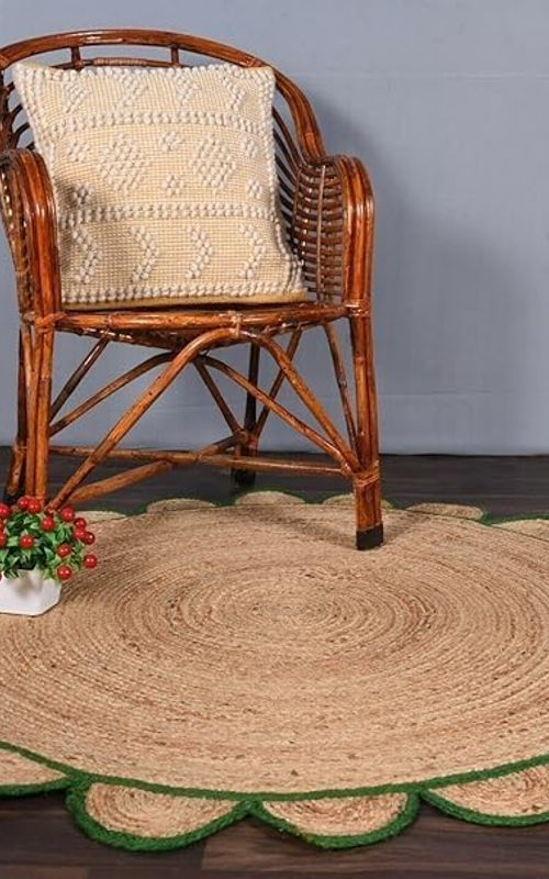 Handmade Natural Jute Area Rug with Green Scalloped Border – Eco Friendly Round Floor Carpet for Living Room & Bedroom