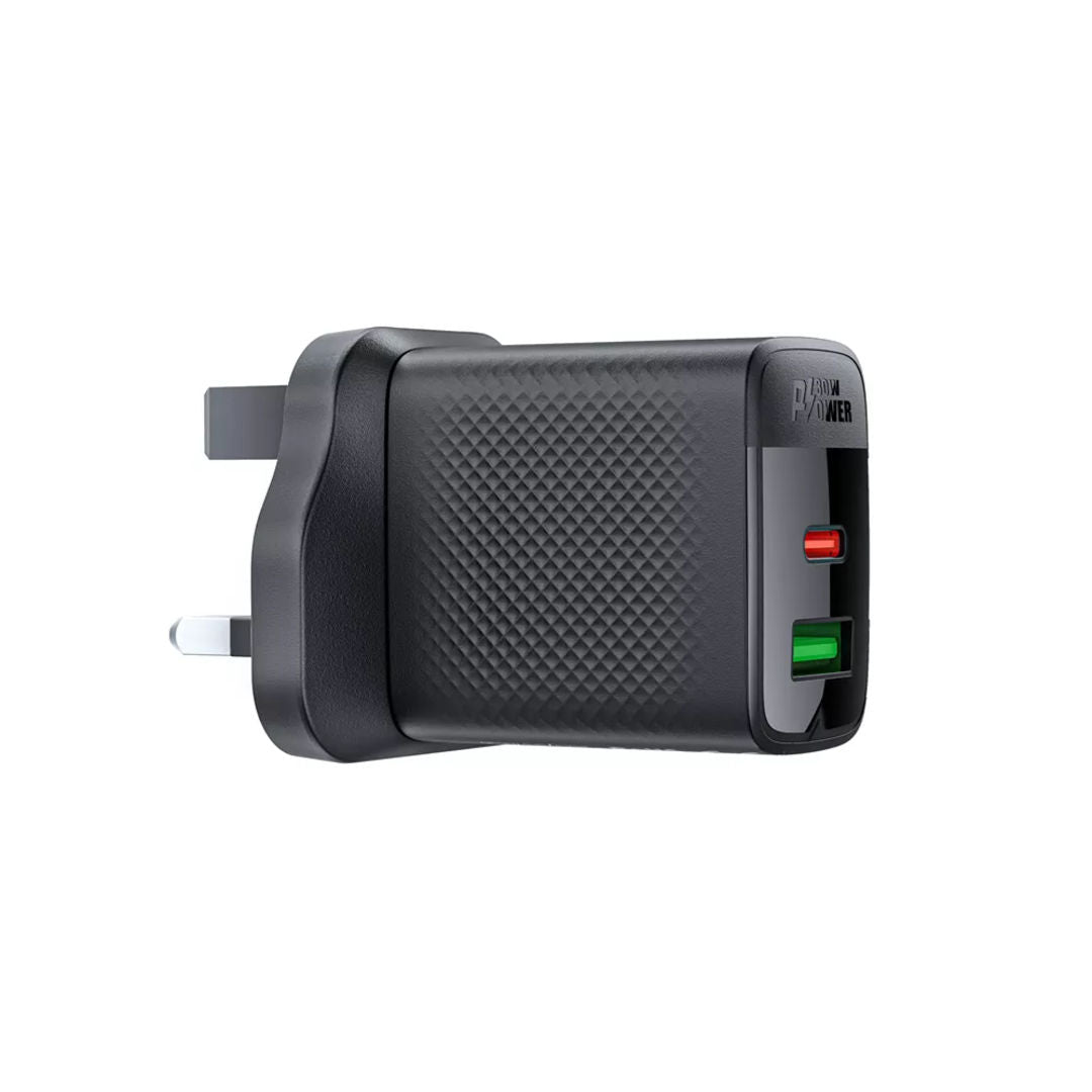 Acefast 30W GaN USB-C Power Delivery & USB Qualcomm 3-Pin UK Charging Plug, Black