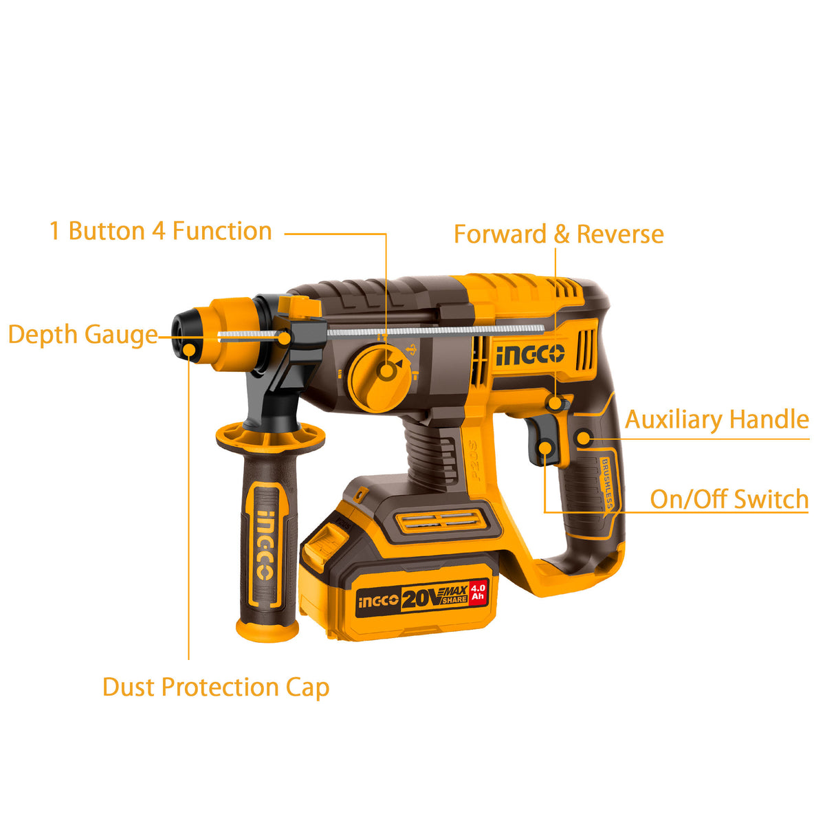 INGCO 20V Brushless Cordless Rotary Hammer Kit, 2.0 J, SDS-Plus, 4.0Ah Battery, Bits & Chisel, Carry Case