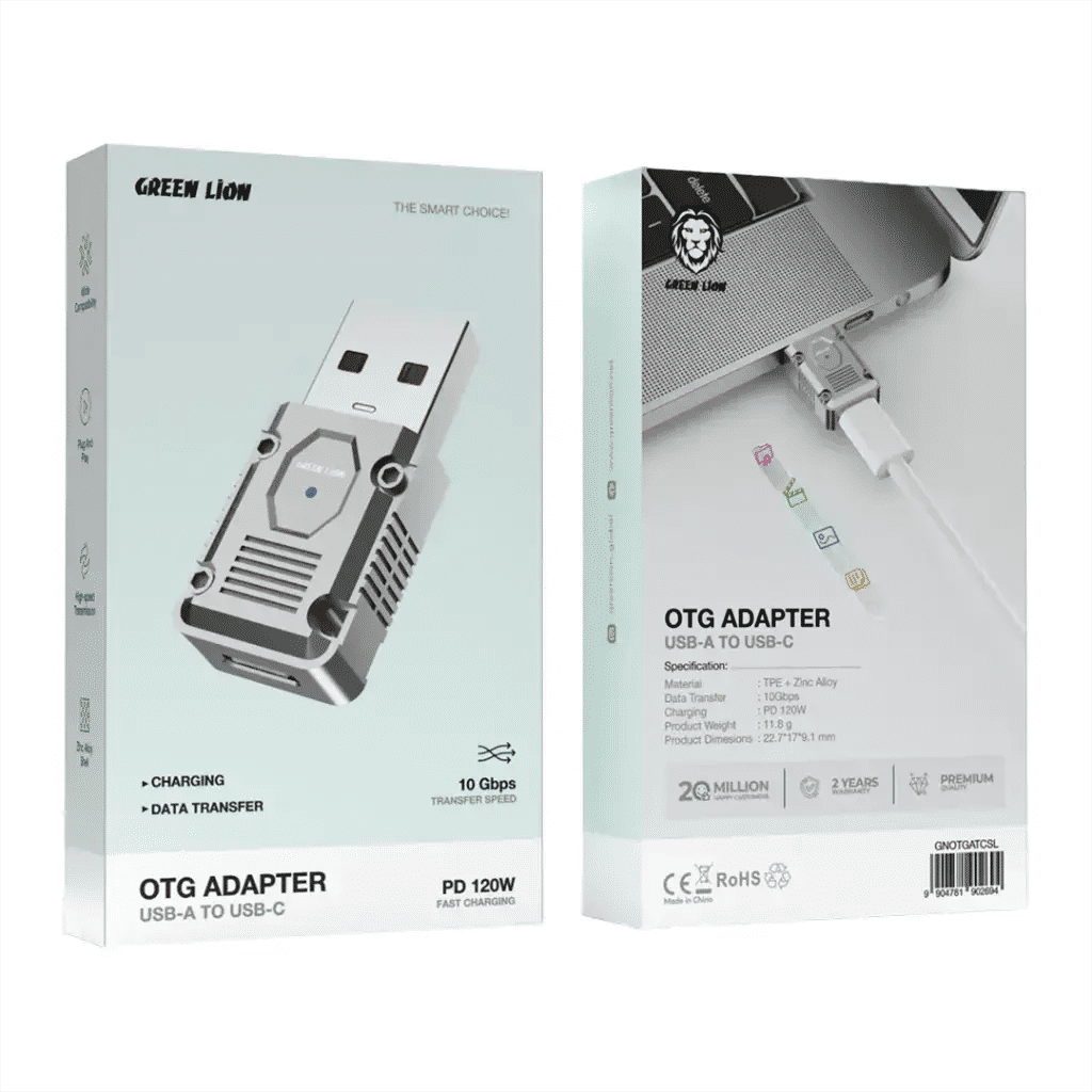 Green Lion USB-A to USB-C OTG Adapter, 120W PD, 10Gbps High-Speed Data, Silver