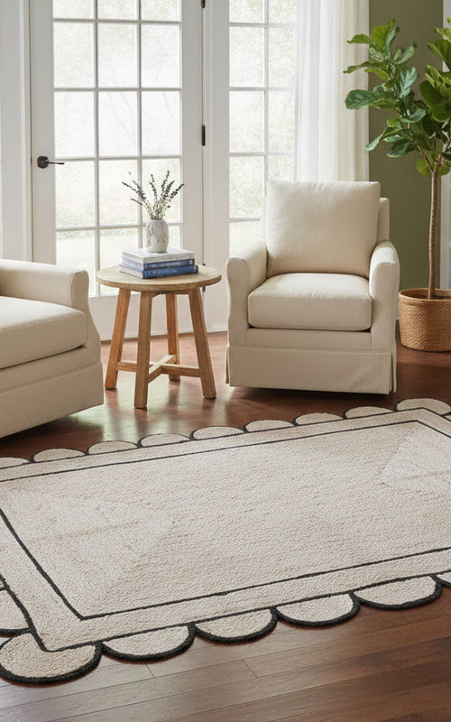 White Jute Rug with Black Border Scalloped Edge | Handwoven Rectangular Boho Carpet