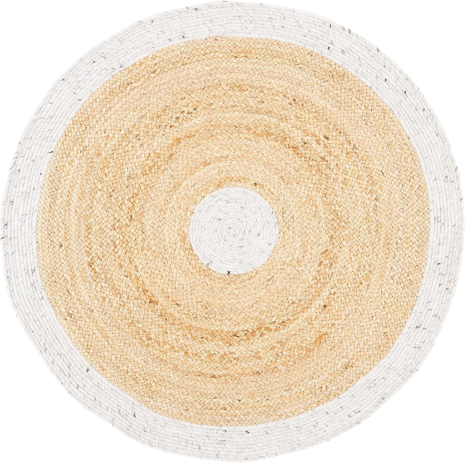 White Border & Center Jute Round Rug | Dual Tone Handwoven Natural Area Carpet