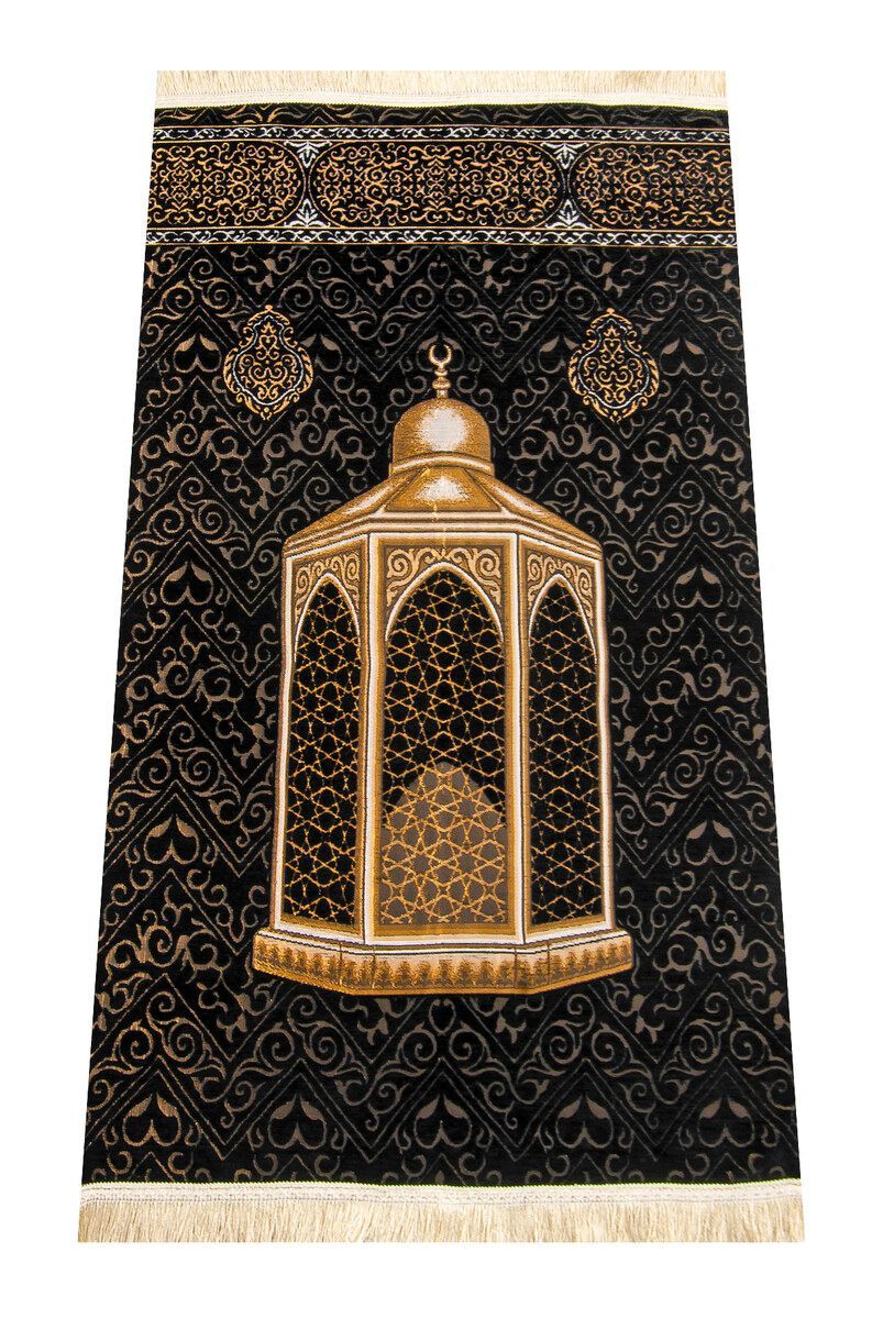 Ultra Luxury Black Chenille Prayer Rug with Makam-ı Ibrahim Model Muslim Islamic Holy