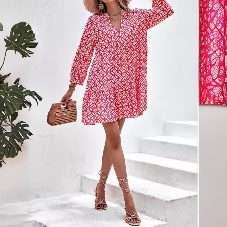 Women's Floral Printed V-Neck Long Dress with 3/4 Sleeves