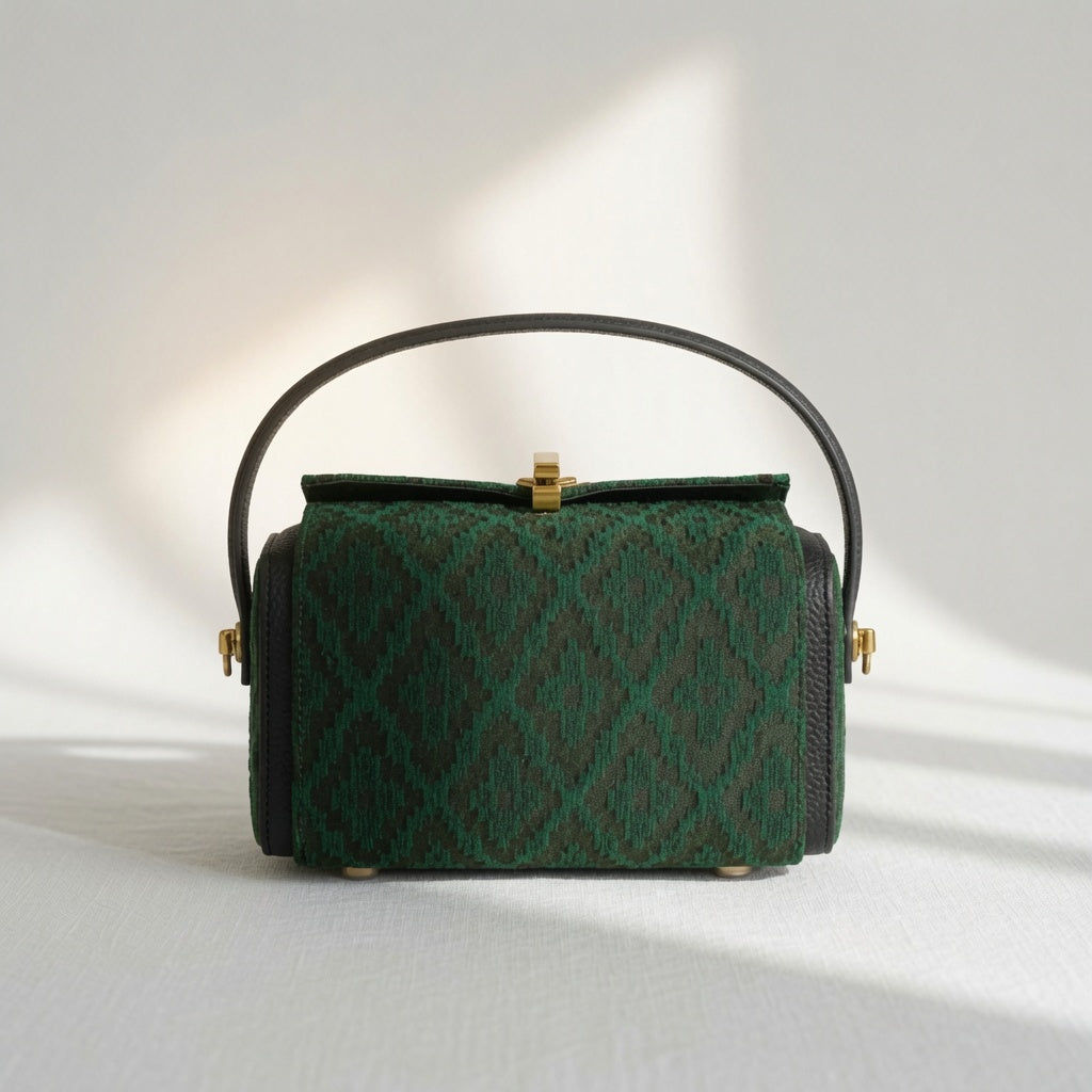 Jamila Designer Emerald Ikat Heritage Barrel Bag, Green