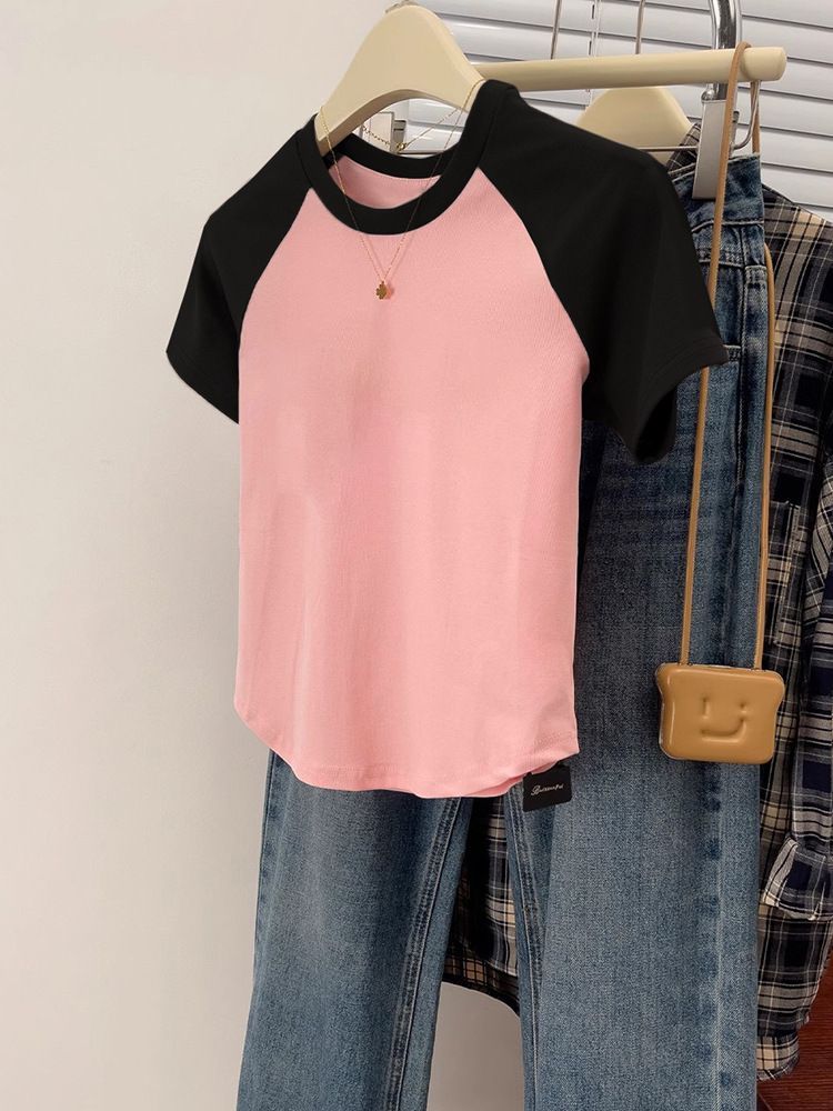 Pure Cotton Curved Hem Round Neck Short Sleeve T Shirt For Women