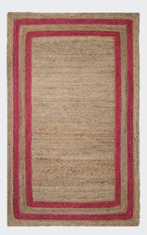Rectangular Jute Rug with Red Border | Handwoven Natural Area Carpet
