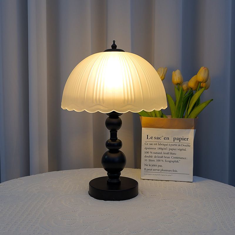 French Vintage Bedside Table Lamp with Black Pleated Shade