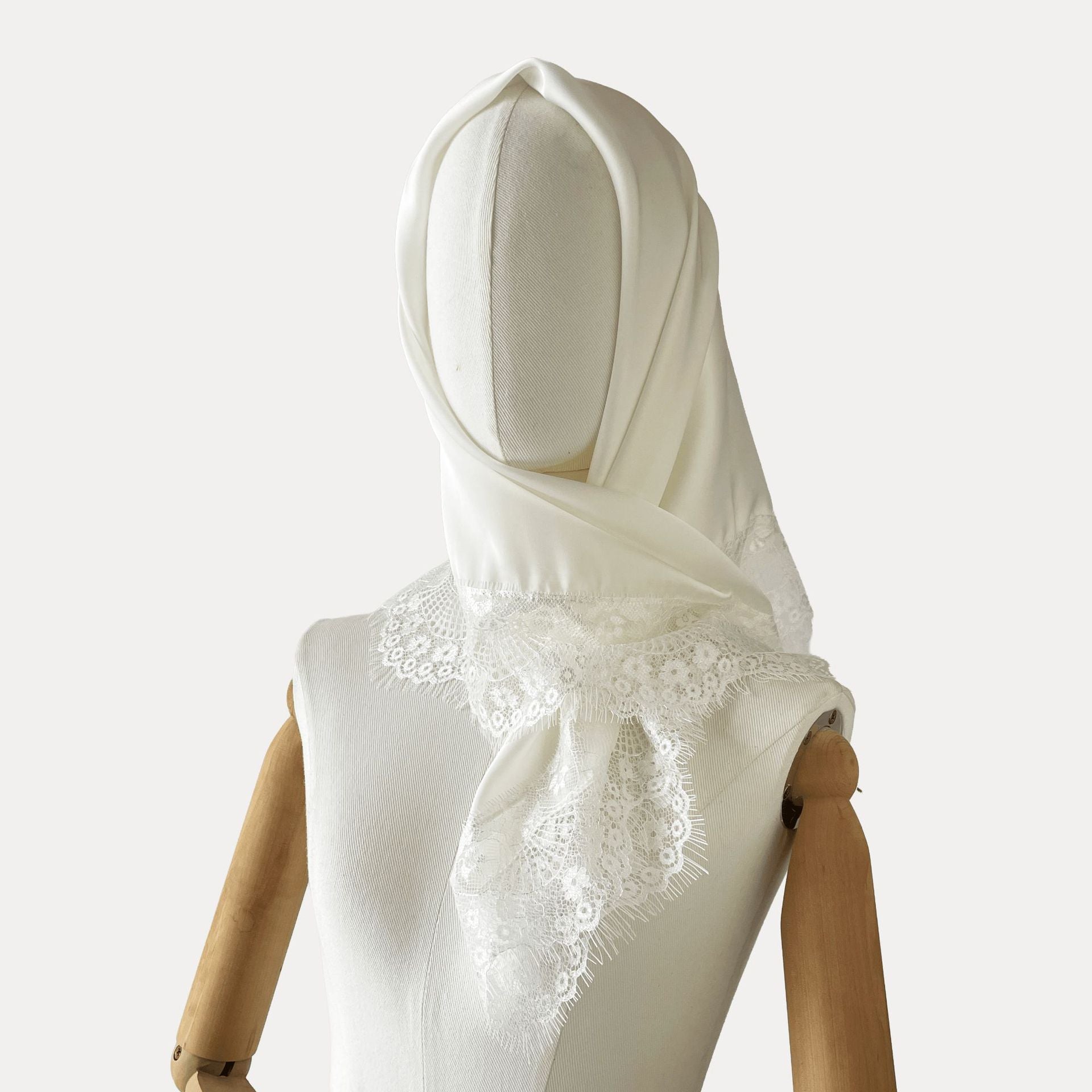 White Satin Square Scarf with Lace Trim for Women 75x75cm
