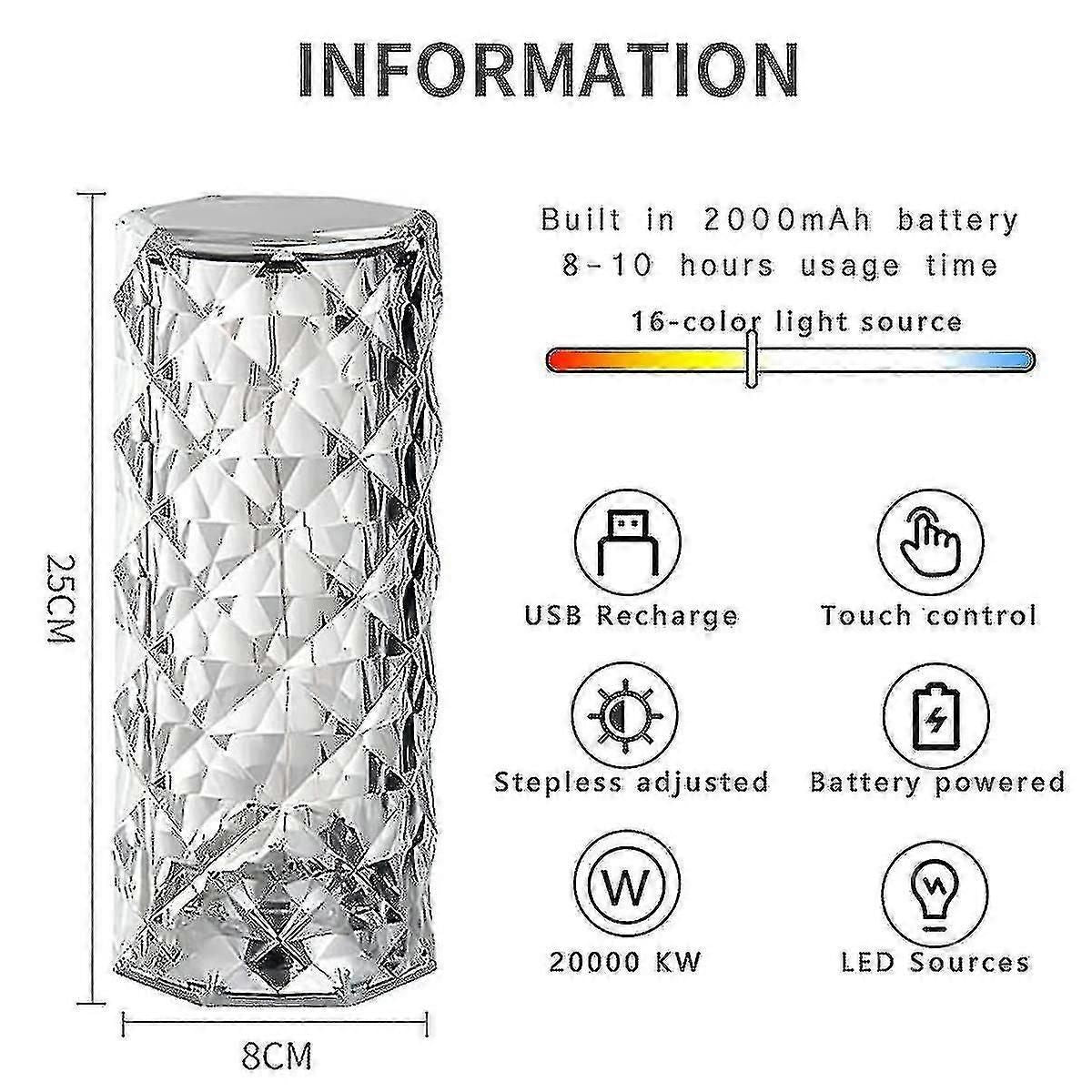 Crystal Diamond Table Lamp, 16 Colors Usb Charging Touch Lamp Bedside Night Light With Remote Control