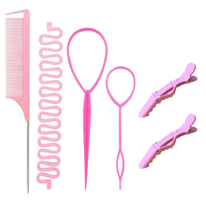 6Pcs Pink Hair Braiding Tool Set with Combs & Clips