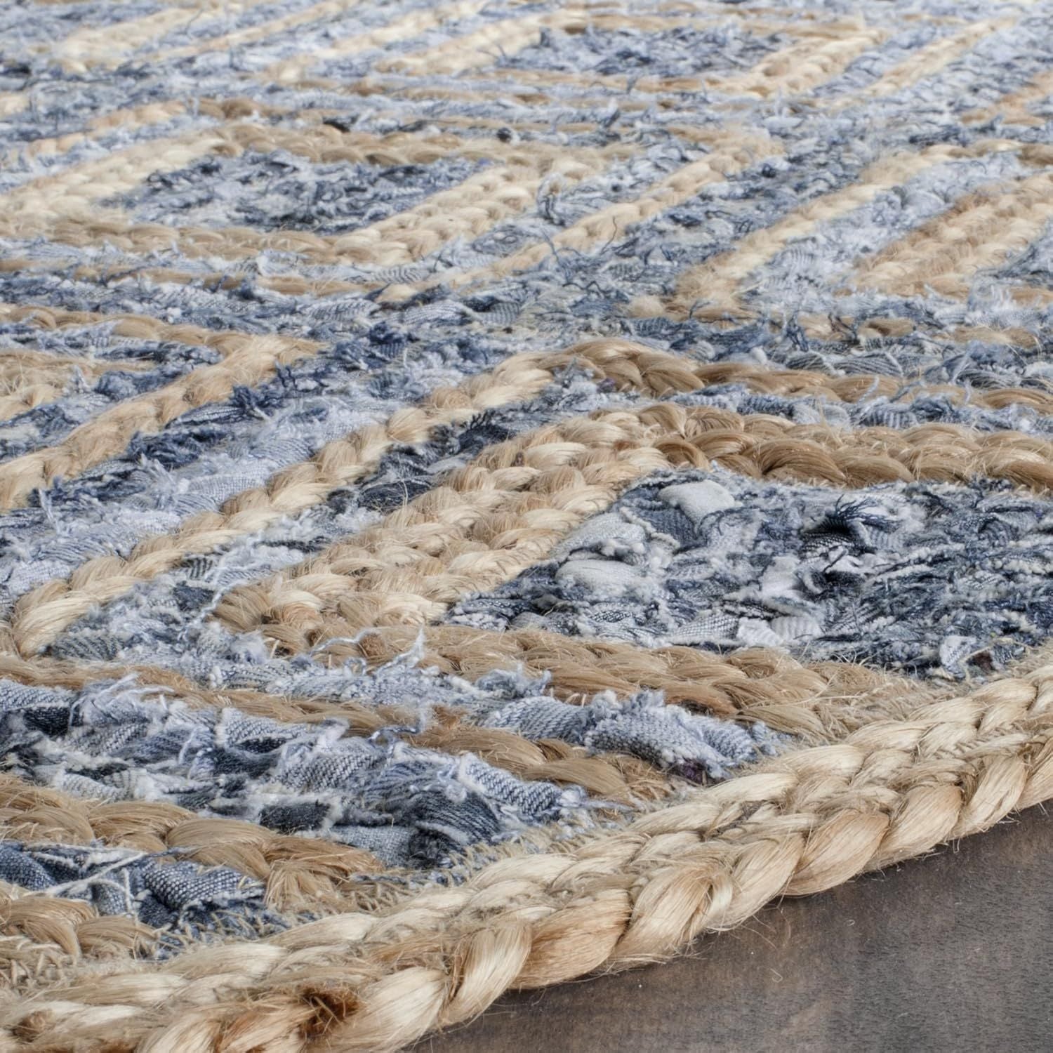 Round Denim & Jute Rug Blue Beige Diamond Pattern | Handwoven Natural Fiber Area Rug