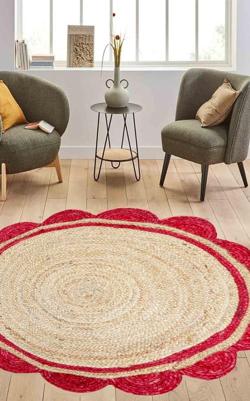 Handmade Natural Jute Area Rug with Red Scalloped Border – Round Boho Floor Carpet for Living Room & Bedroom