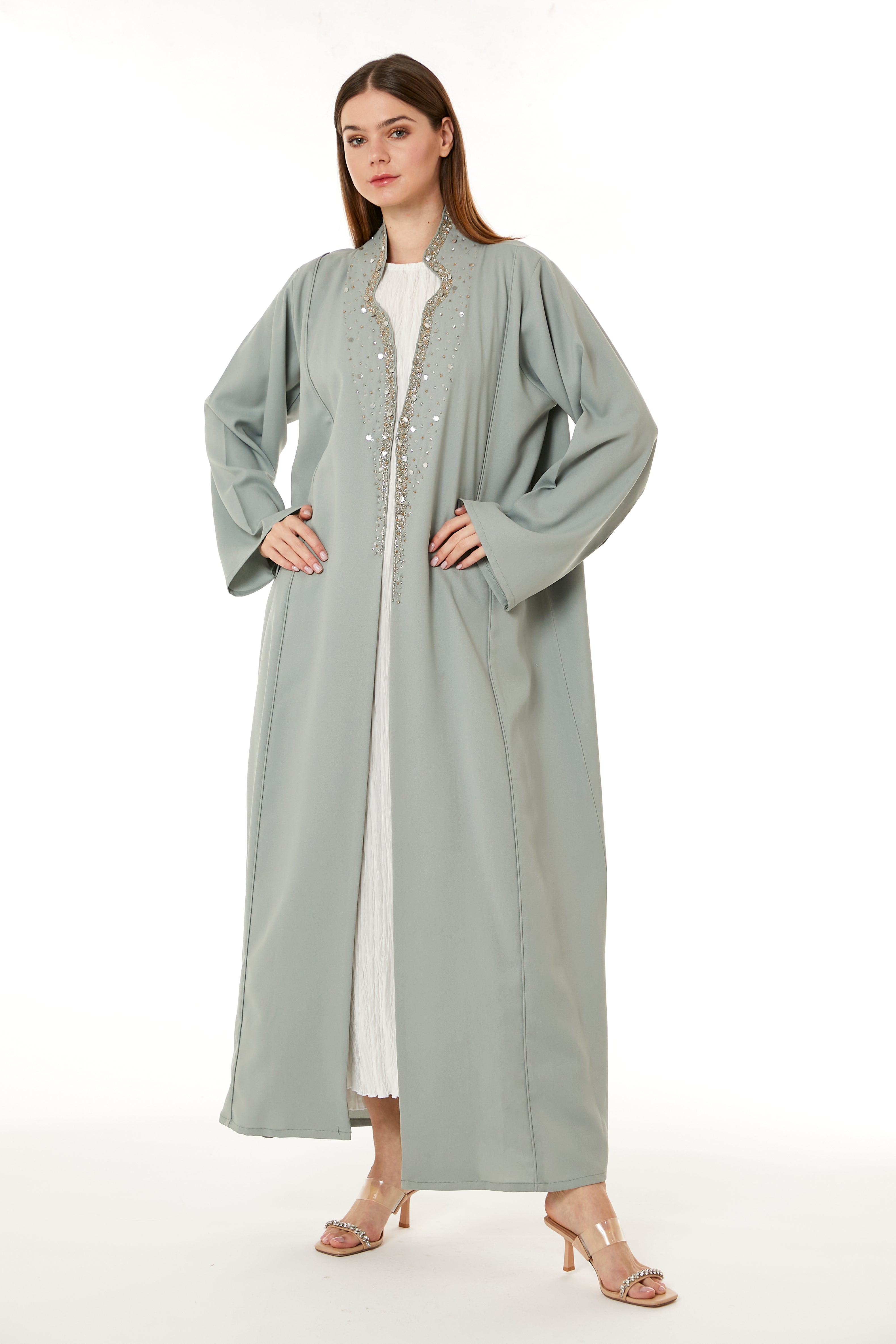 MOiSTREET Grey Indonesian Crepe Hand Embellished Abaya