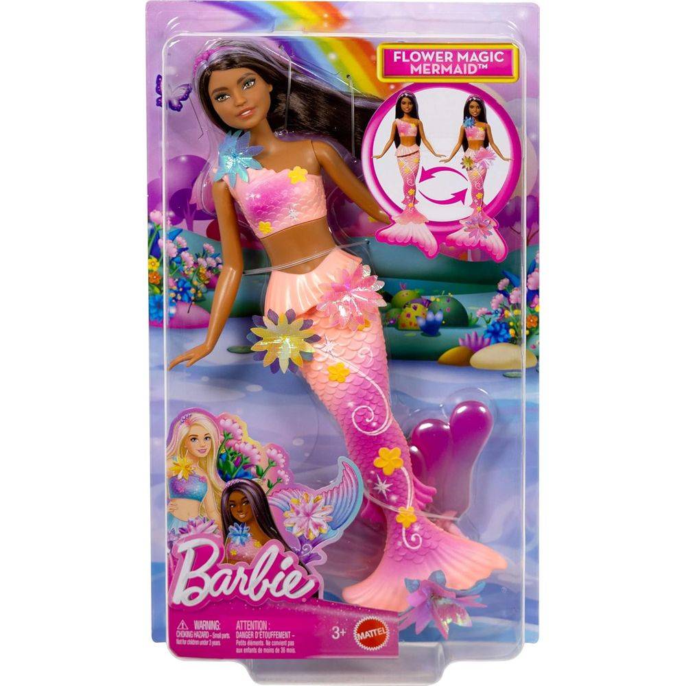 Barbie Mermaid Doll with Magical Blooming Flowers, Gradient Tail, Pearl Headband & Brown Hair with Purple Highlights, Model JDM73