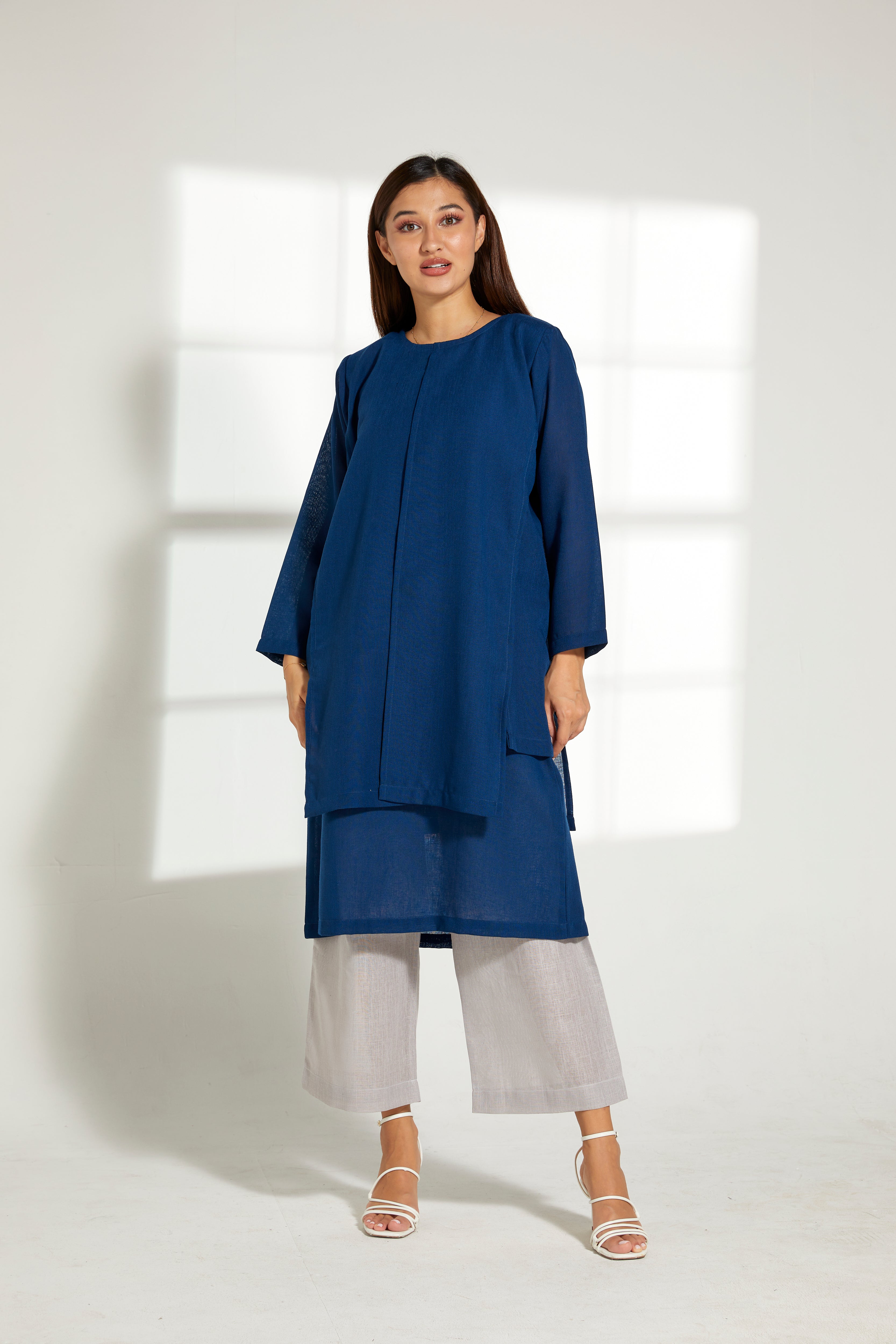 MOiSTREET Blue Linen Top and Grey Pants Set