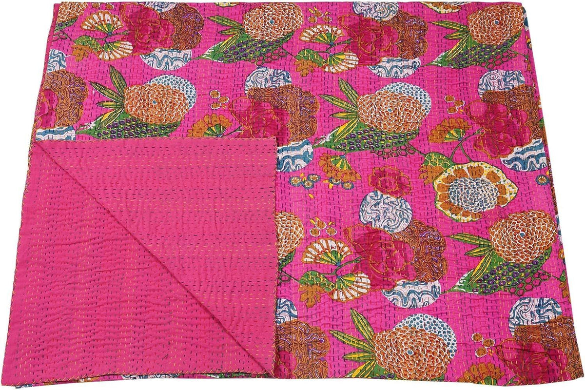 Pink Handmade Kantha Quilt Cotton Bedspread | Floral Printed Indian Quilt for Bedroom