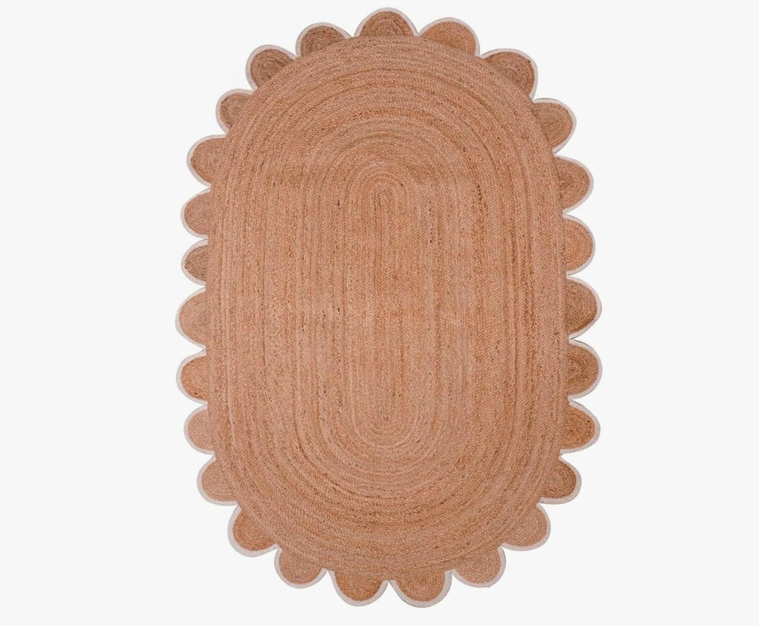 Natural Oval Jute Rug with Scalloped Border | Handwoven Designer Boho Carpet