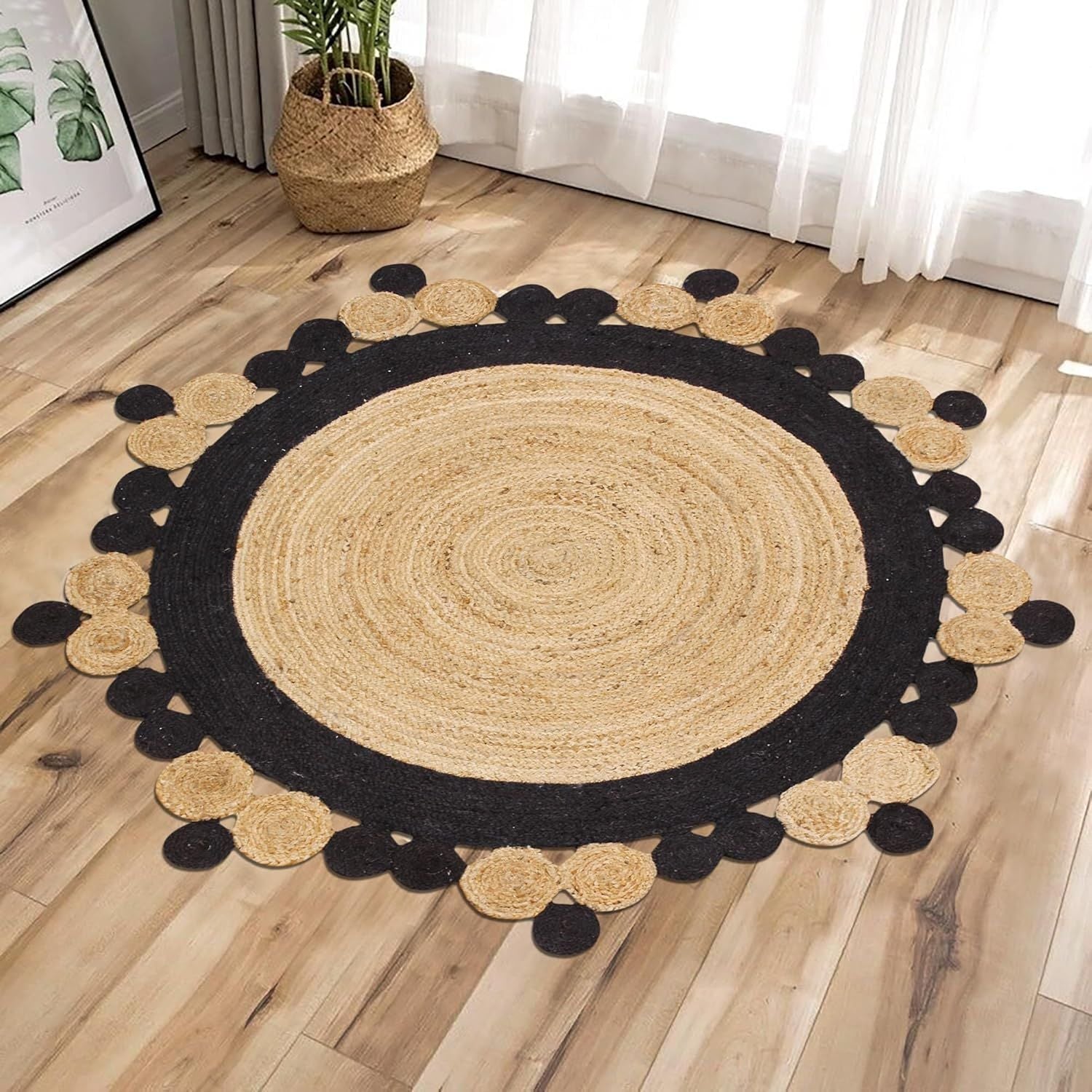 Designer Scalloped Border Jute Round Rug | Black & Natural Handwoven Area Carpet