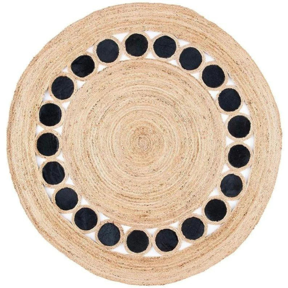 Handmade Natural Jute Area Rug with Black Dot Border | Eco-Friendly Textured Floor Carpet for Living Room & Bedroom