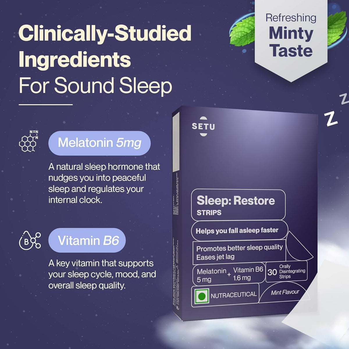 Setu Sleep Restore Melatonin 5mg - 30 Orally Dissolving Strips