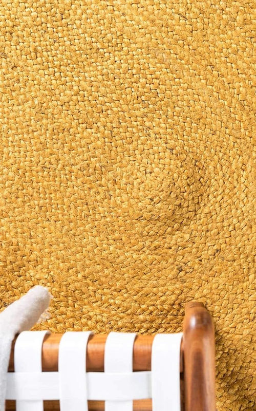 Handmade Natural Jute Yellow Round Area Rug with Natural Border – Eco-Friendly Braided Area Rug Floor Carpet