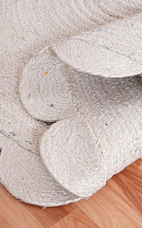 White Rectangular Jute Rug Scalloped Edge Handwoven Carpet | Natural Boho Floor Rug