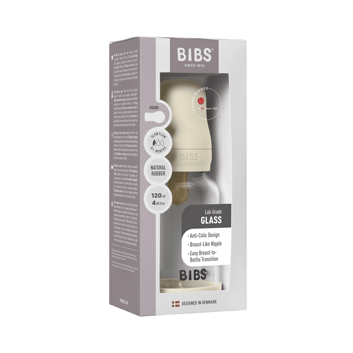 BIBS Glass Baby Bottle with Round Latex Nipple – 120 ml Slow Flow | Ivory