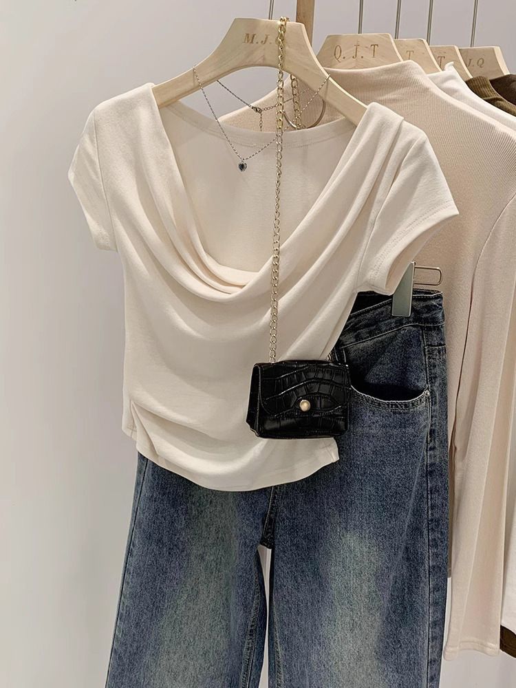 Wave Green Collar Slim Fit Modal Short Sleeve T Shirt For Women