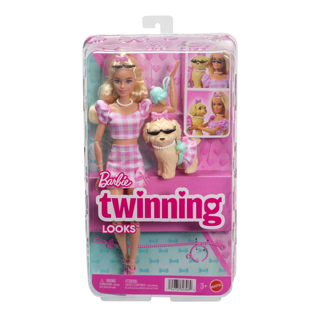 Barbie Twinning Looks, Blonde Doll With Pet Dog And Accessories