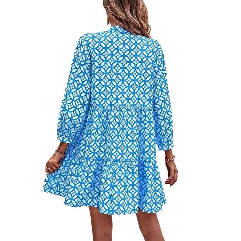 Women's Floral Printed V-Neck Long Dress with 3/4 Sleeves