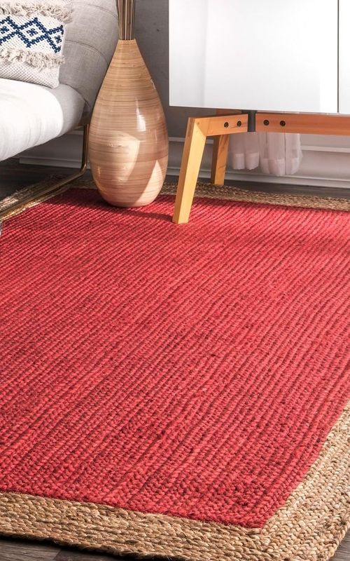 Handmade Braided Natural Jute Inner Red With Natural Border Border Floor Area Runner Rug