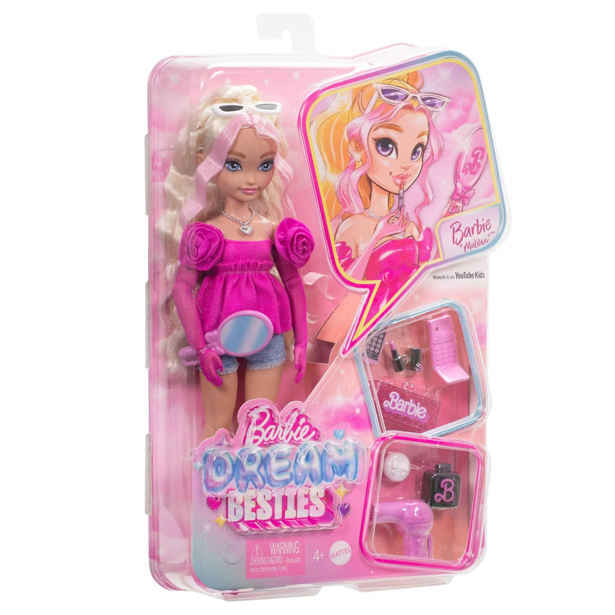 Barbie Dream Besties Malibu Fashion Doll, Blonde Hair Doll with Beauty Accessories Set, 32 cm