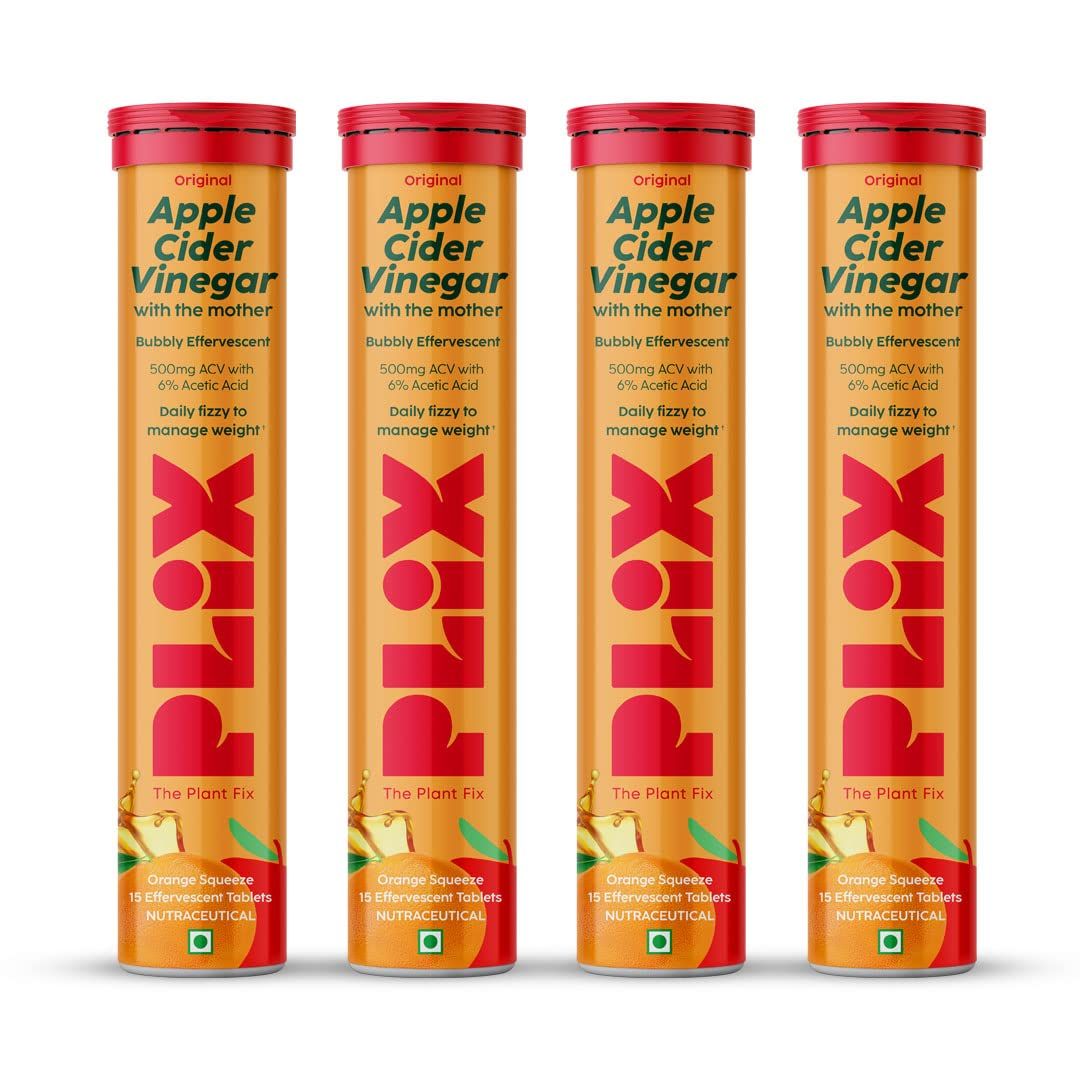 Plix Apple Cider Vinegar Juicy Orange Squeeze Daily fizzy to manage weight 15 Effervescent Tablets (4/Pack)