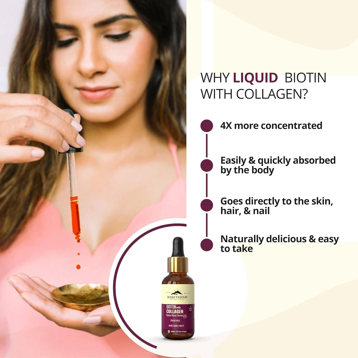 Rasayanam Liquid Biotin & Collagen Natural Berry Flavour 25000mcg 50ML