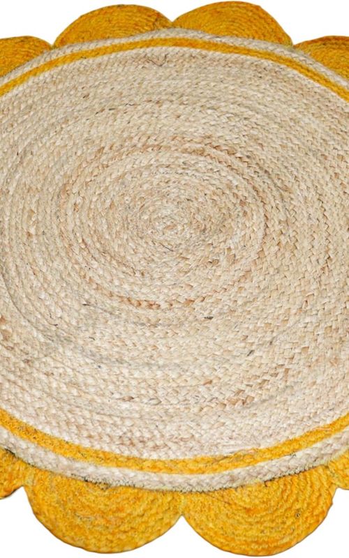 Natural Jute Round Area Rug with Yellow Scalloped Border – Handmade Eco-Friendly Floor Carpet