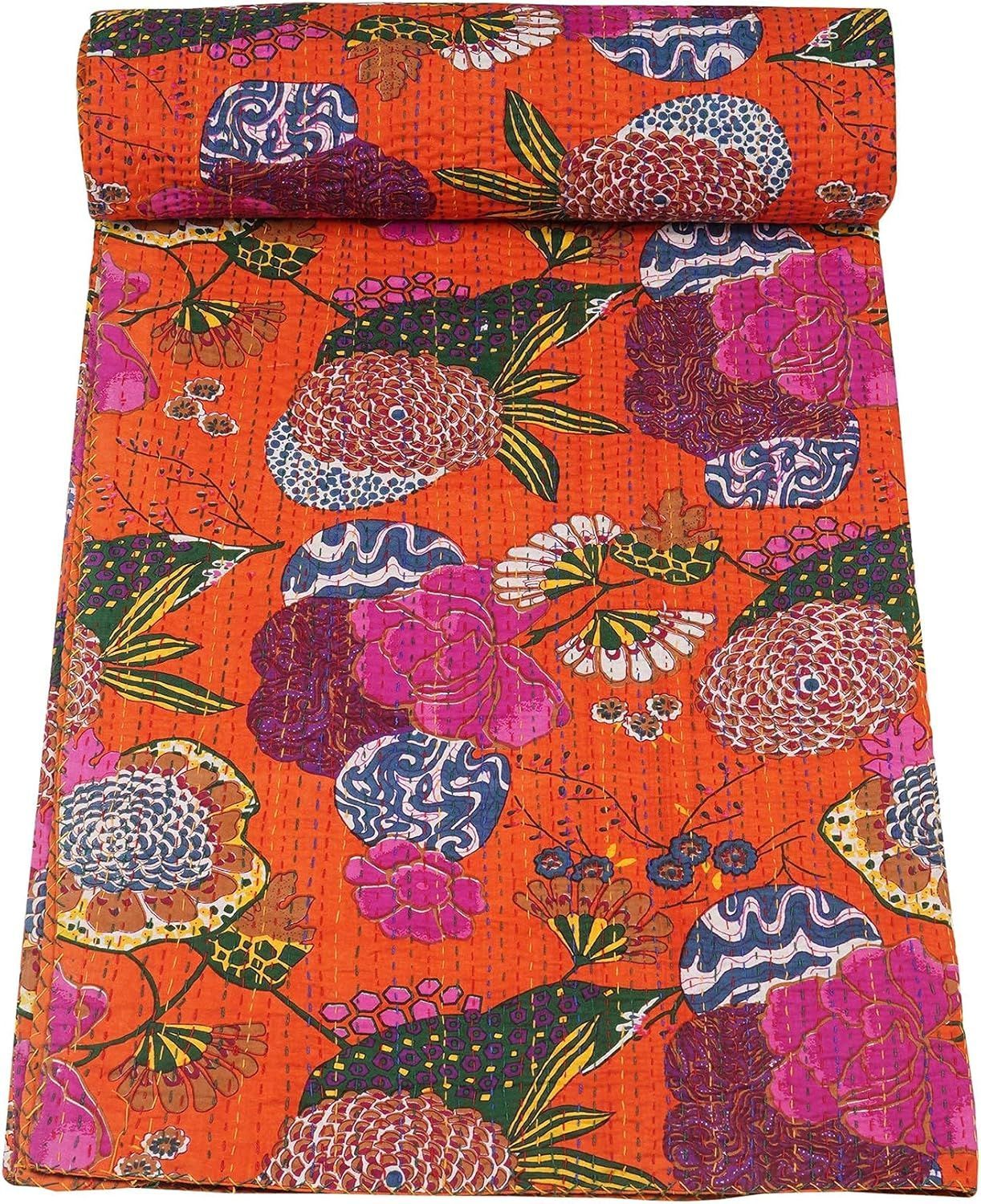 Orange Floral Kantha Quilt Cotton Bedspread | Handmade Indian Lightweight Blanket