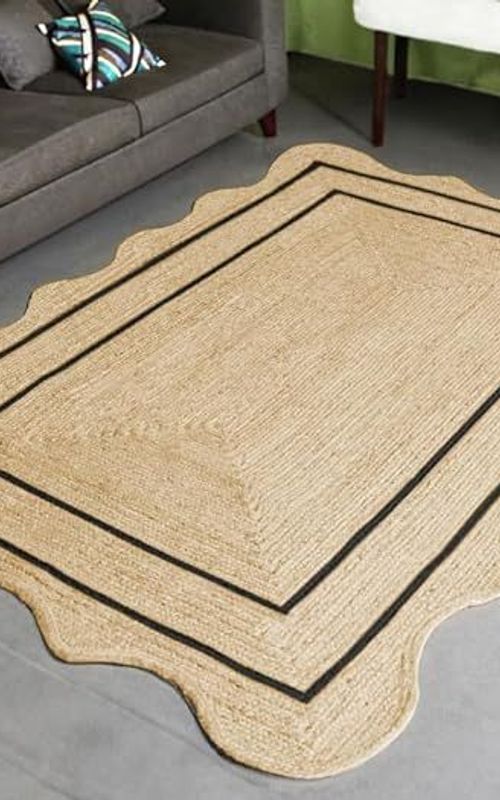 Scalloped Rectangle Jute Rug with Black Border Lines | Handmade Natural Area & Runner Carpet