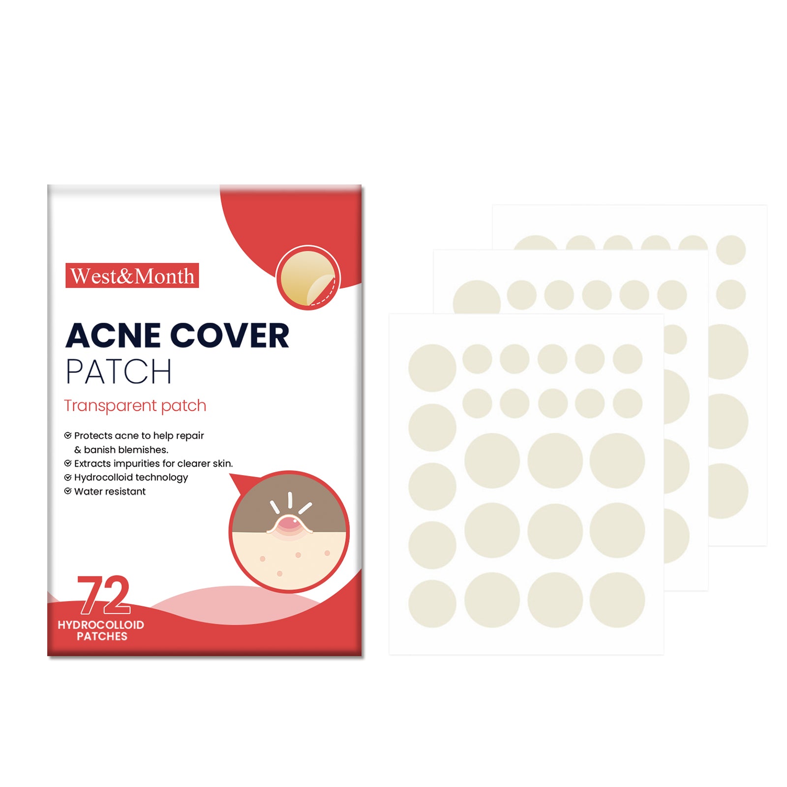 West & Month Acne Patch for Facial Care, Clear Skin, Pimple Spot Treatment ,72pcs