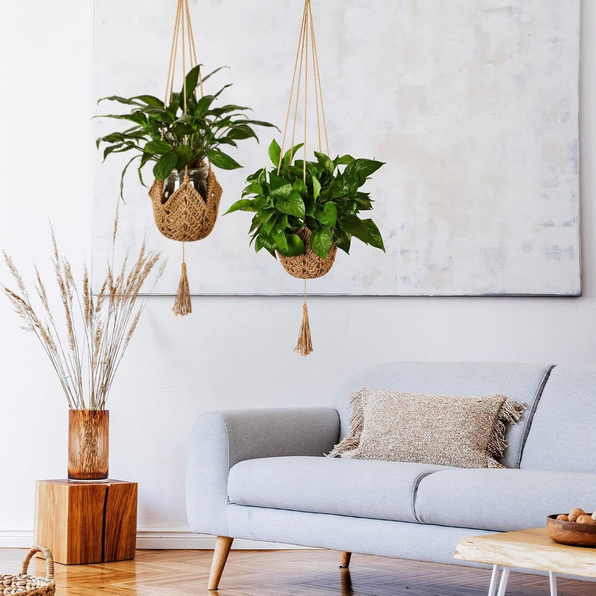 Macrame Plant Hangers Set of 2, Handwoven Cotton and Jute with Tassels, Indoor Hanging Planters for Home Decor, Storage Baskets