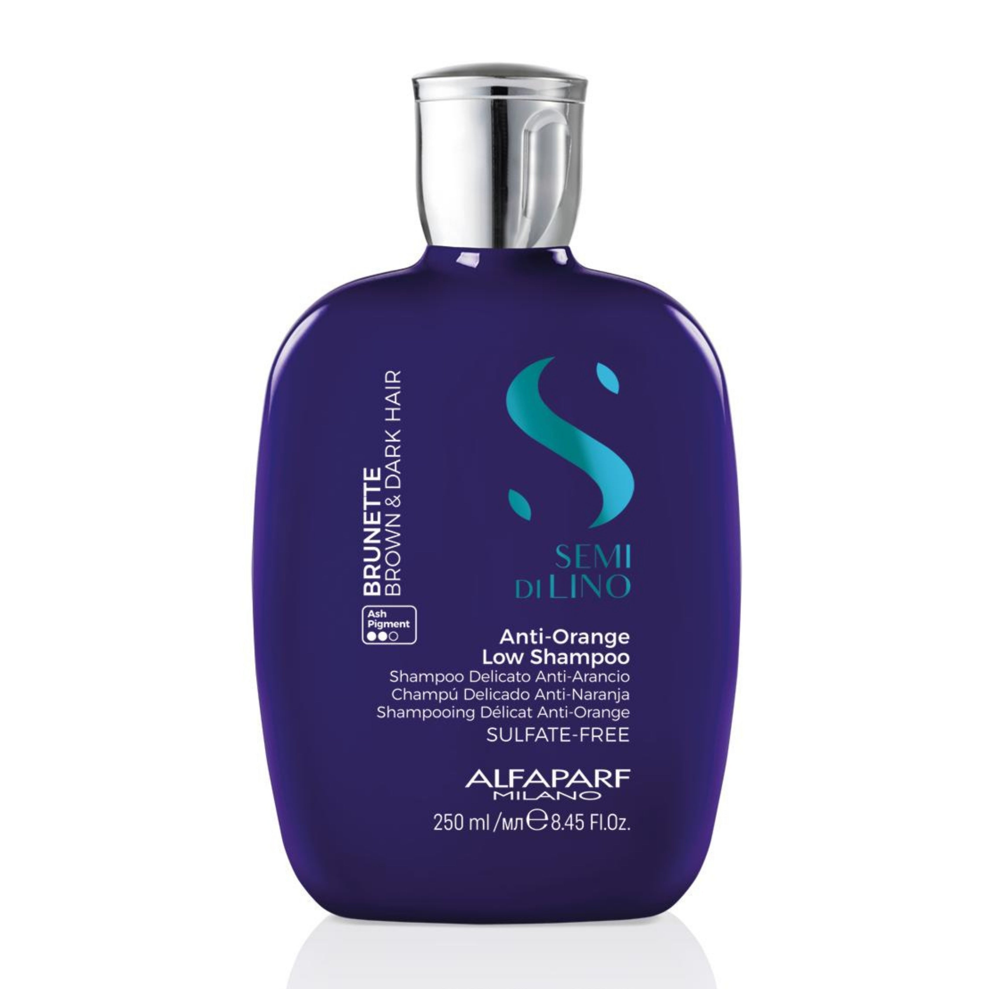 Alfaparf Milano Semi di Lino Brunette Anti-Orange Low Shampoo for Brown, Chestnut and Dark Hair - Sulfate Free Blue Shampoo - Removes Unwanted Orange and Brassy Tones 250 ml