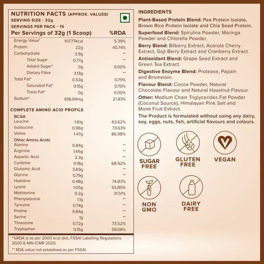 Wellbeing Nutrition Superfood Plant Protein Dark Chocolate Hazelnut