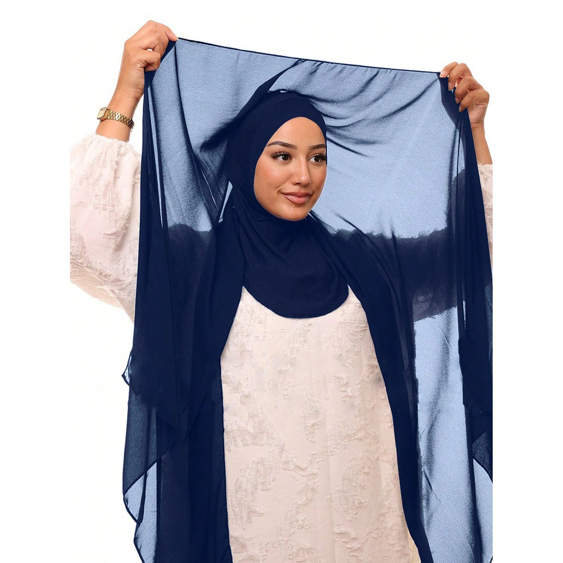 Navy Chiffon Hijab Scarf Set with Pearl Inner Cap